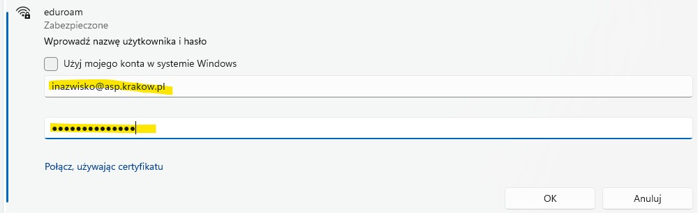 Podanie danych logowania